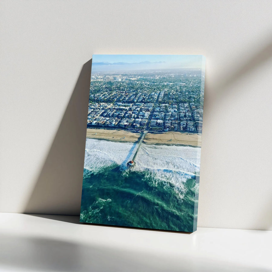 Manhattan Beach Pier Canvas Wall Art | Aerial Ocean Photography | Premium Gallery Wrapped Canvas | Coastal Home Decor Gift