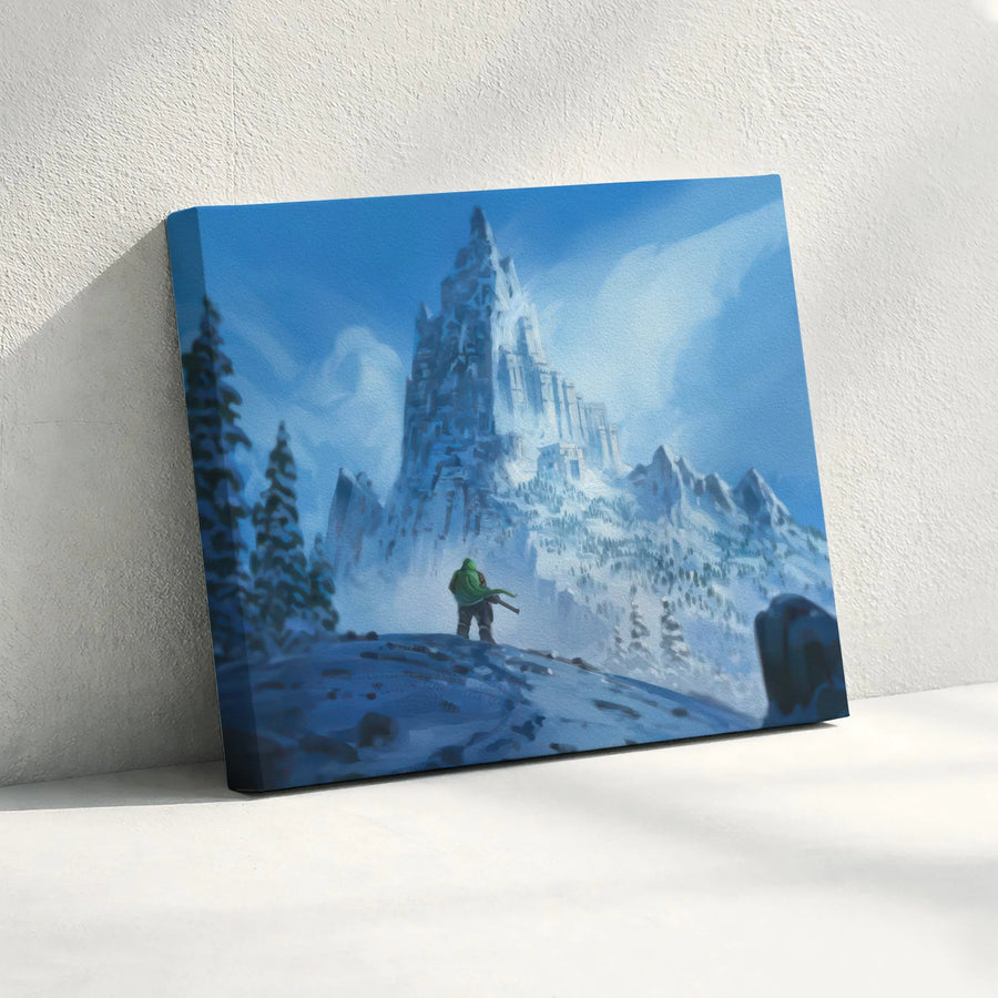 Fantasy Mountain Landscape Canvas | Snowy Castle & Hunter Art | Premium 1.25 Inch Gallery Wrap | Epic Wall Decor for Fantasy Fans