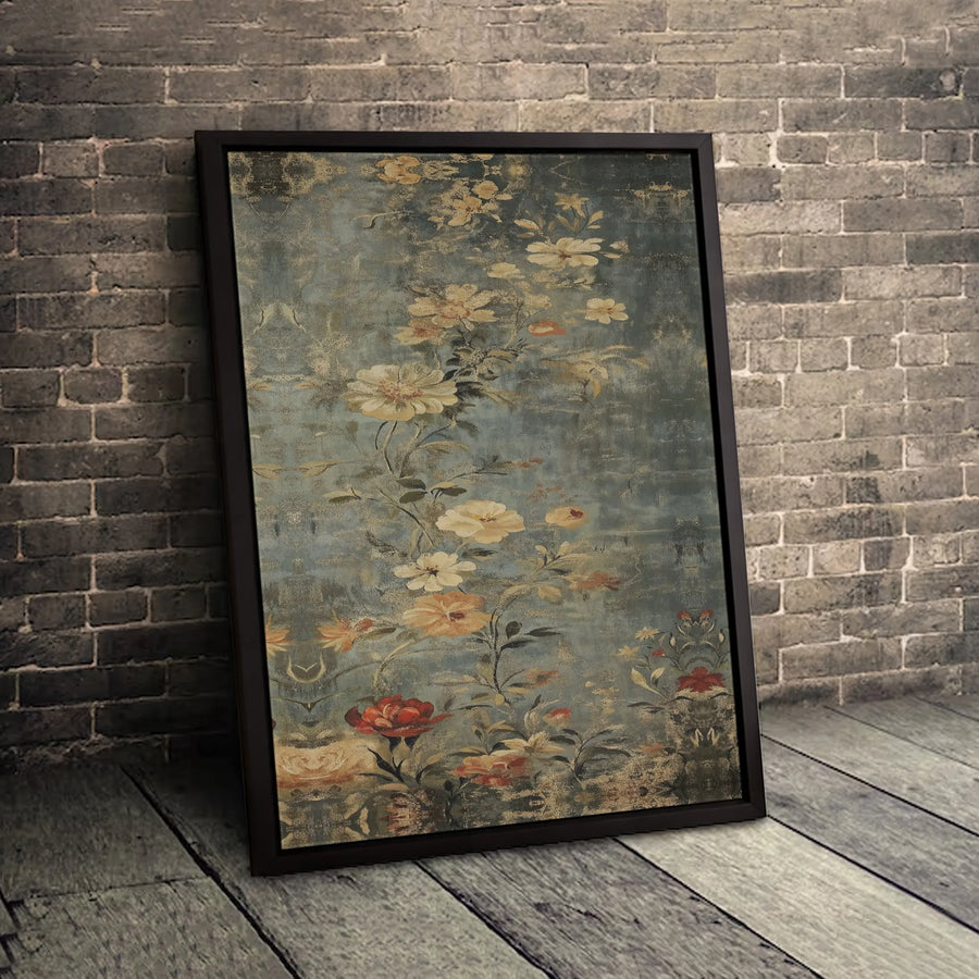 Vintage Floral Botanical Canvas Art | Moody Distressed Blue Flower Print | 1.25-Inch Gallery Wrap | Premium Home Office Wall Decor