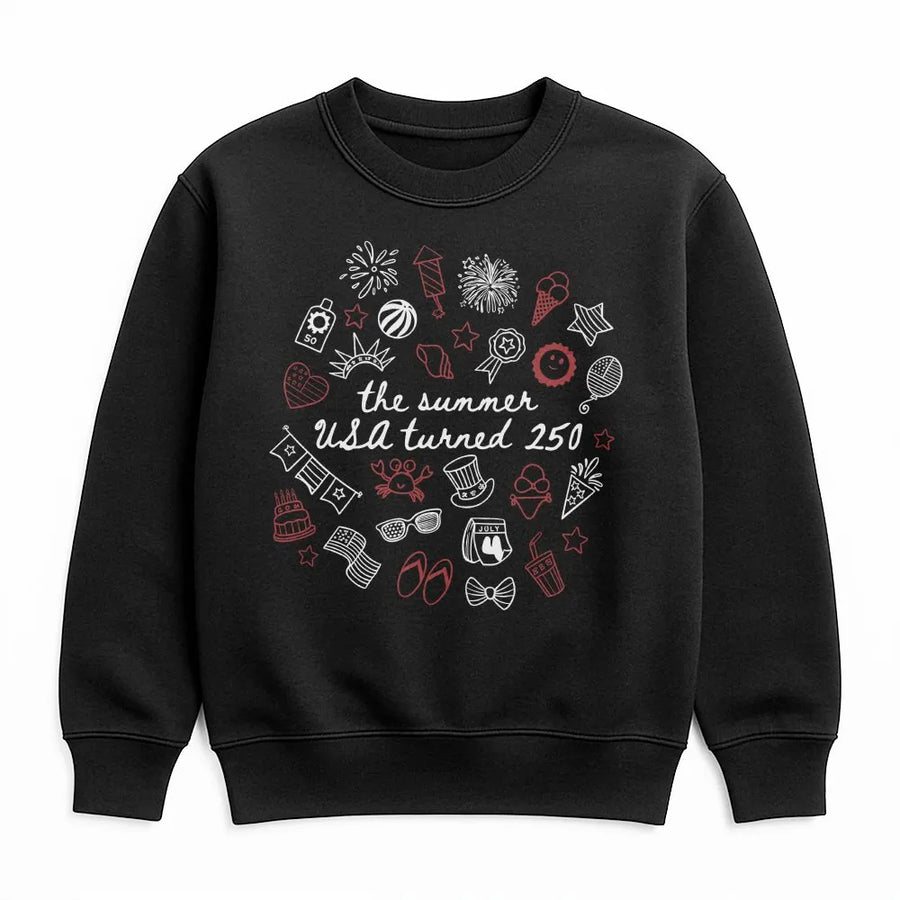 USA 250th Anniversary Sweatshirt | Retro Summer Doodle Graphic | Soft Cotton Blend | Patriotic Semiquincentennial Commemorative Gift