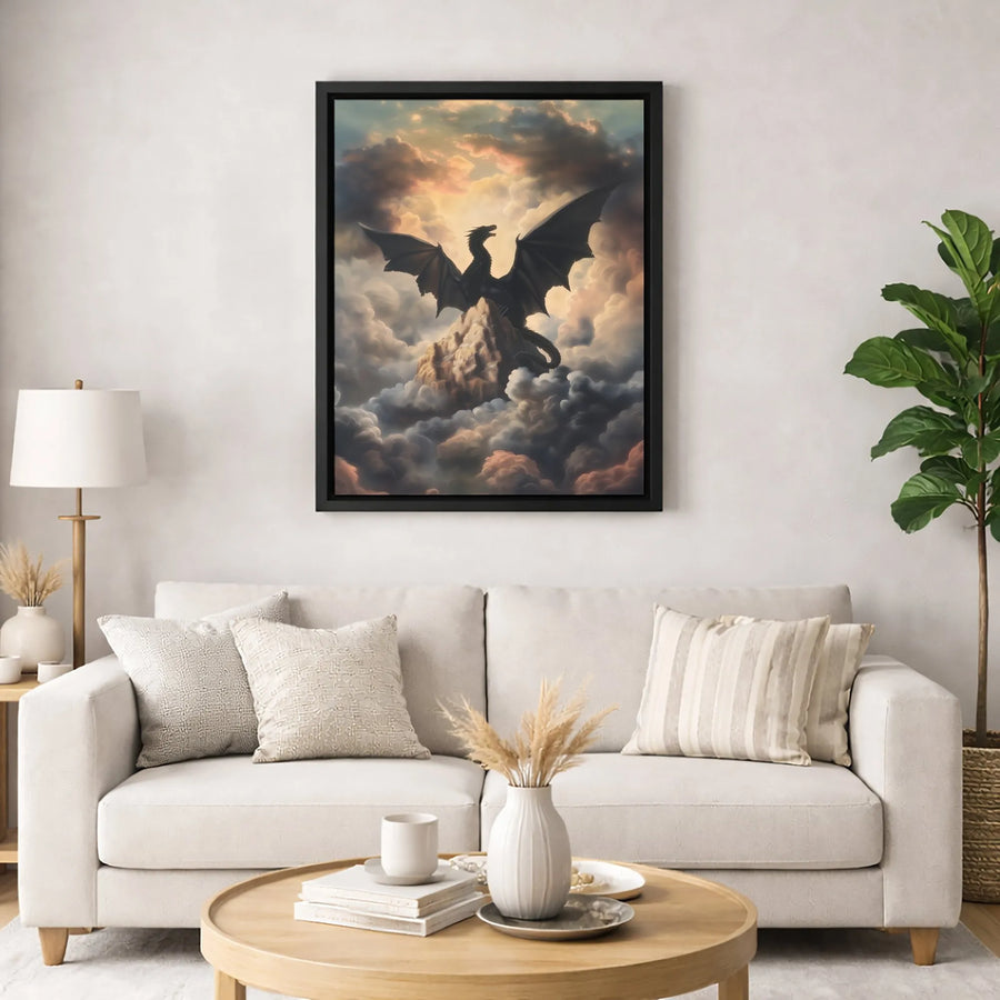 Black Dragon Canvas Wall Art | Majestic Mountain Peak Fantasy Decor | Premium Gallery Wrap Print | Mythical Creature Gift for Fantasy Lovers
