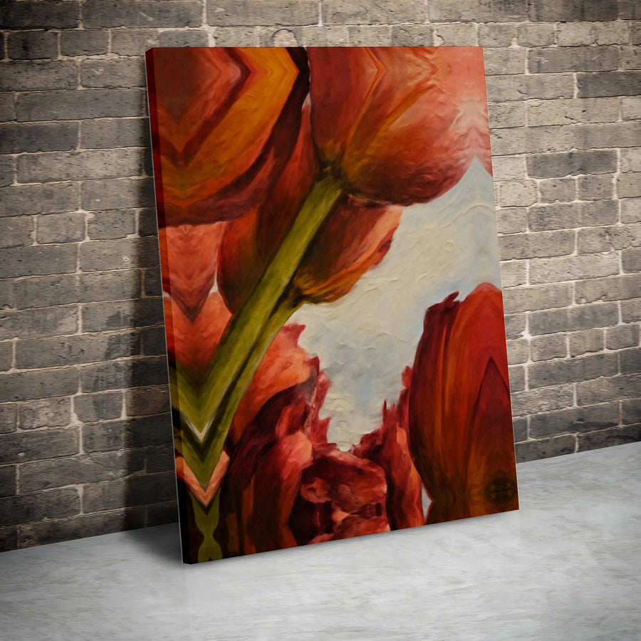 Abstract Tulip Canvas Wall Art | Red and Orange Floral Print | Premium Gallery Wrapped Decor | Modern Home and Office Botanical Gift