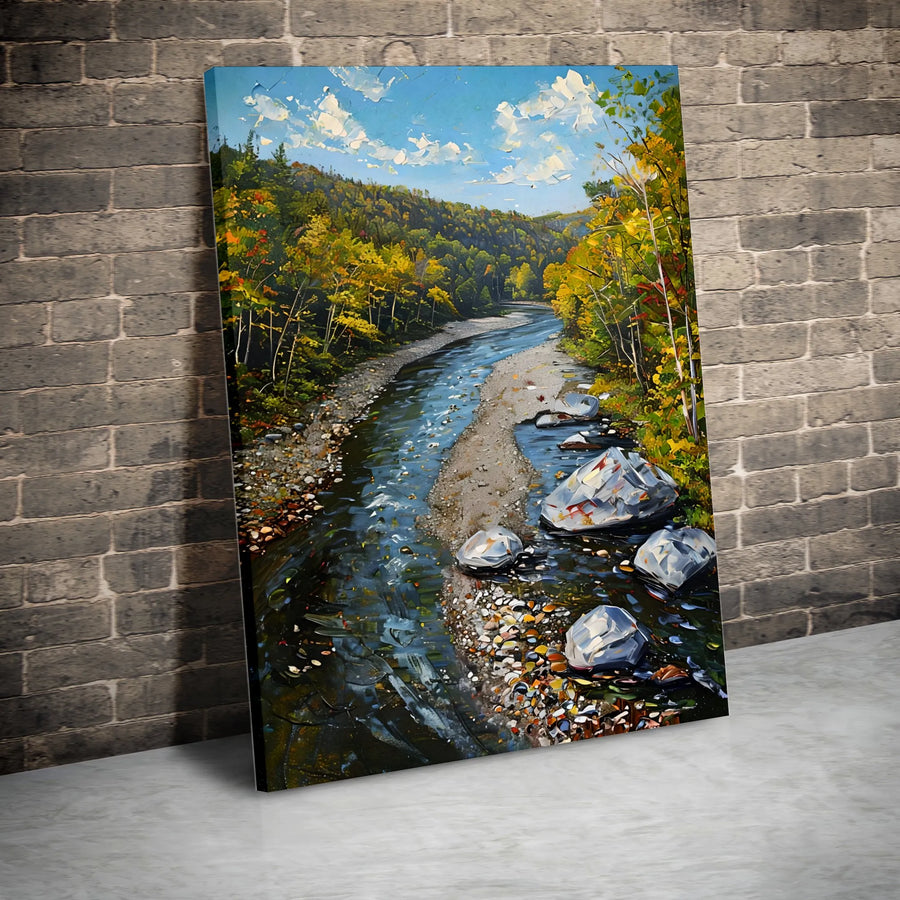 Autumn River Forest Landscape Canvas | Impasto Style Nature Wall Art | 1.25-Inch Premium Gallery Profile | Scenic Home Decor Gift for Nature Lovers