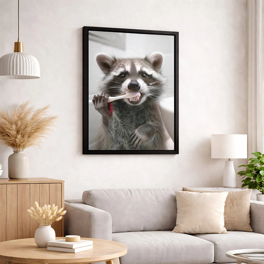 Funny Raccoon Brushing Teeth Canvas Art | Whimsical Bathroom Wall Decor | Premium 1.25-inch Thick Profile | Unique Gift for Animal Lovers