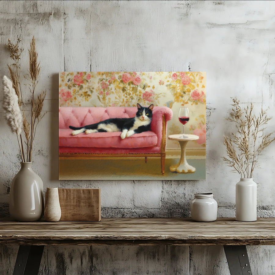 Tuxedo Cat Wall Art | Whimsical Lounging on Pink Sofa Painting | Premium Gallery-Wrap Canvas Print | Unique Cat Lover Gift & Home Decor