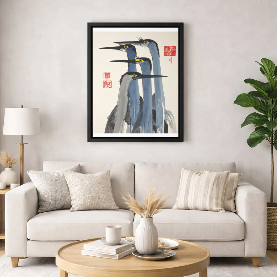 Japanese Heron Canvas Print | Traditional Ink Wash Bird Art | Gallery Quality 1.25-Inch Profile | Zen Asian Decor for Home & Office
