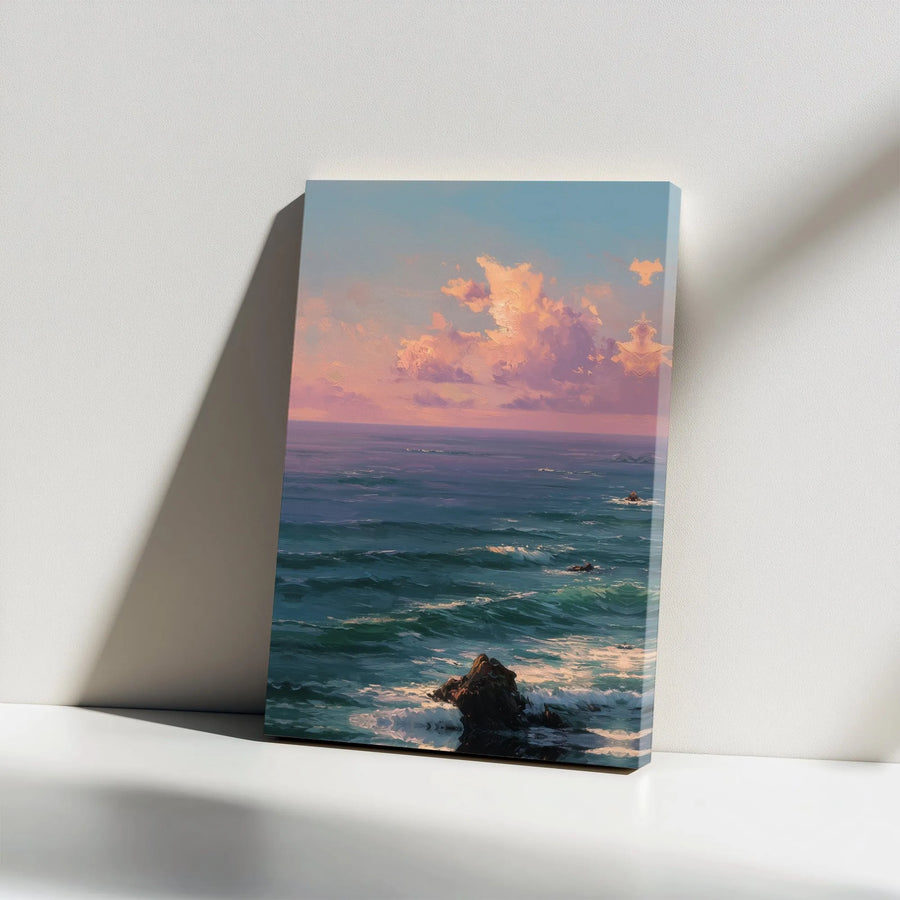 Coastal Seascape Canvas Wall Art | Pink Sunset Ocean Waves Print | Gallery-Wrapped Premium Decor | Calming Beach House Gift