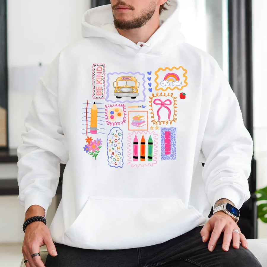 Teacher Hoodie | Colorful School Doodles Graphic | Soft Cotton Tee | Preppy Back to School Gift for Her