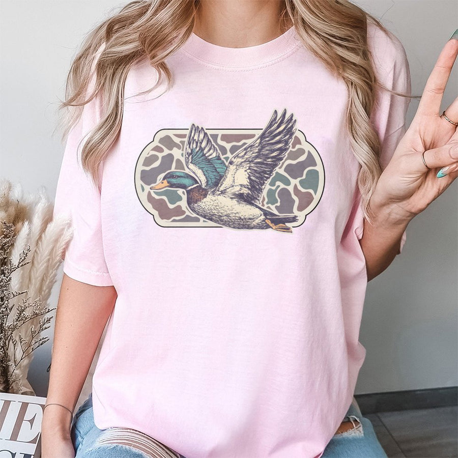 Flying Mallard Duck T-Shirt | Vintage Hunting Camo Graphic | Premium 100% Cotton | Outdoor Nature Gift for Hunters and Duck Lovers