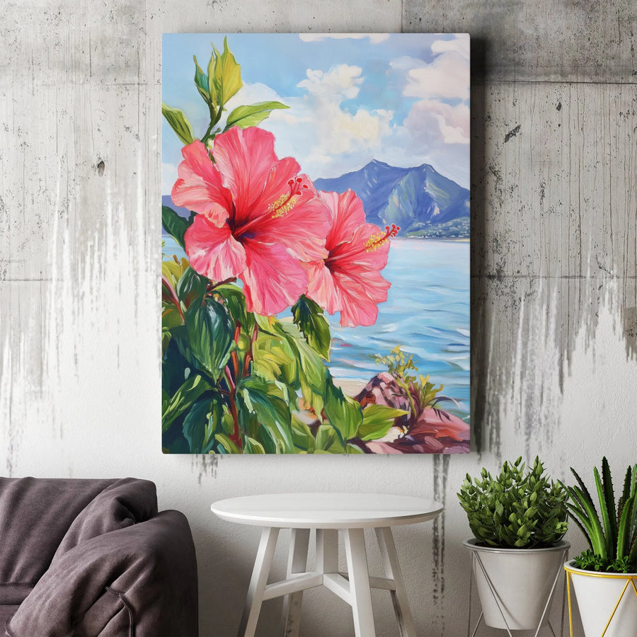 Hibiscus Flower Canvas Wall Art | Vibrant Hawaiian Coastal Scene Painting Style | Premium Thick Gallery Wrap Canvas | Tropical Botanical Decor Gift