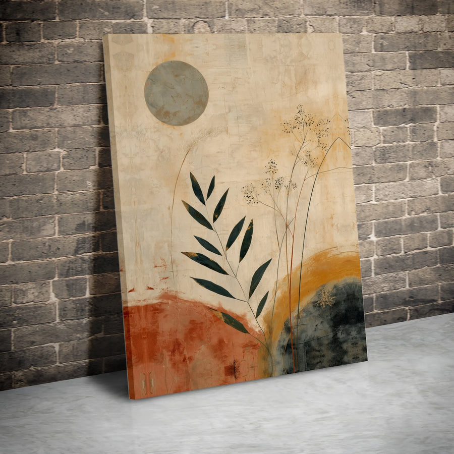 Abstract Botanical Canvas Wall Art | Modern Japandi Leaf & Sun Print | Premium Gallery Wrapped Canvas | Modern Home Decor Gift