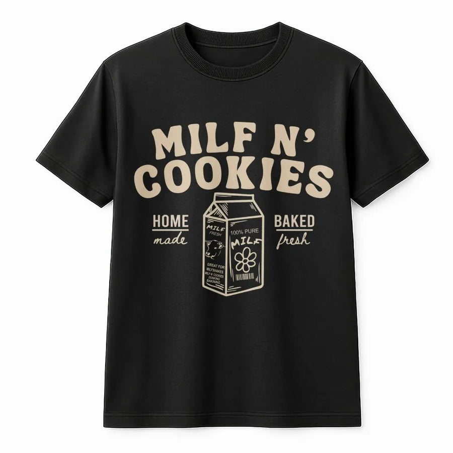 Milf N Cookies T-Shirt | Funny Retro Milk Carton Graphic | Premium Soft Cotton Tee | Sarcastic Humor Gift For Moms And Friends