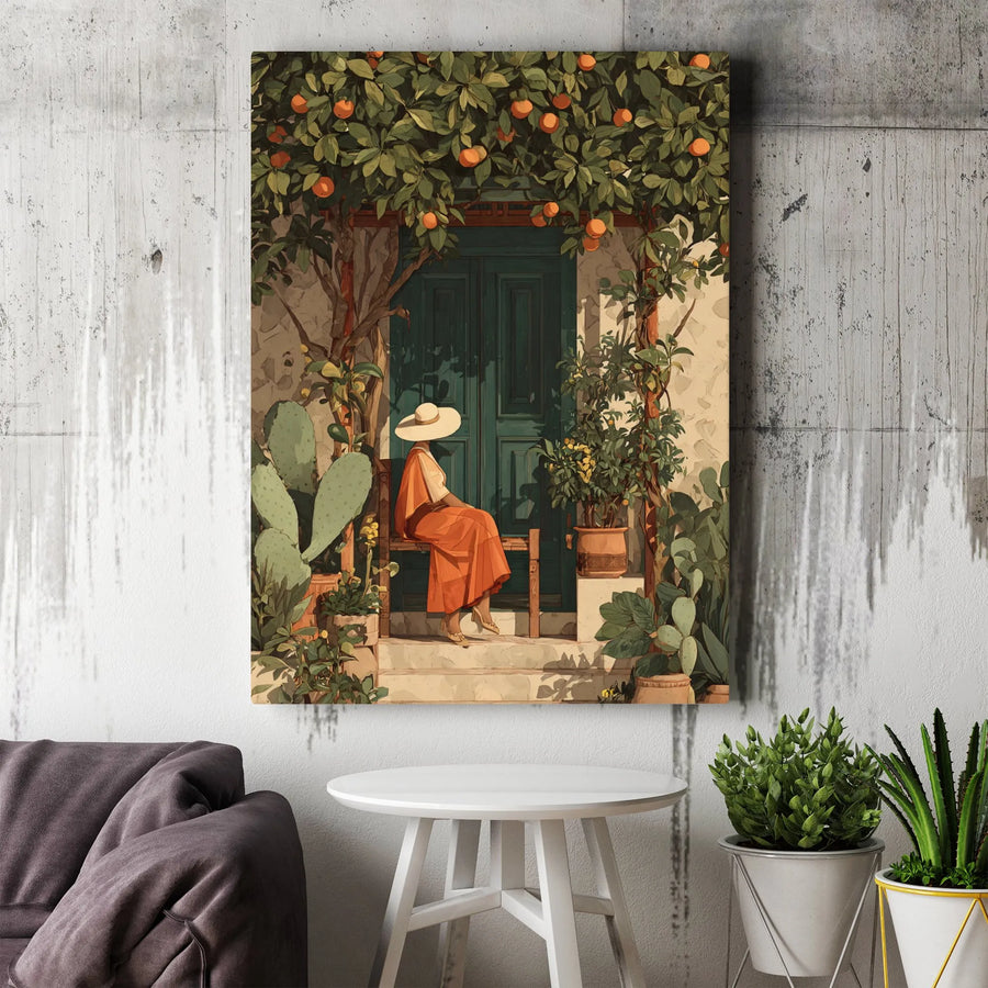 Mediterranean Porch Wall Art | Woman Under Orange Tree Canvas Print | 1.25 Inch Gallery Wrap | Elegant Coastal Home Decor Gift