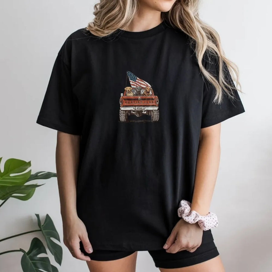Labrador Hunting Club T-Shirt | Vintage American Flag Truck Design | Soft Cotton Blend | 4th of July Gift for Dog Lovers