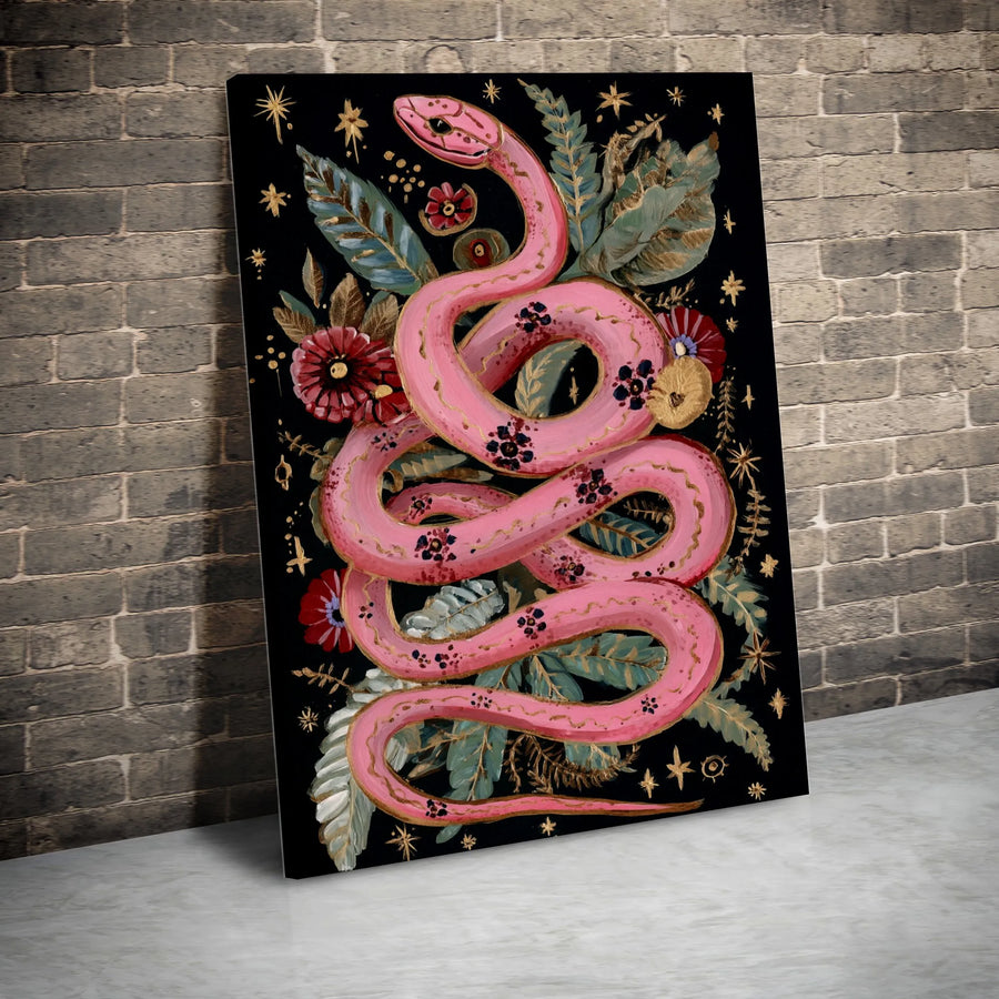 Pink Snake Wall Art | Celestial Floral Folk Art Print | Premium Gallery Wrapped Canvas | Moody Maximalist Home Decor Gift