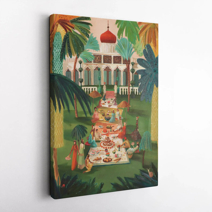 Indian Garden Party Vertical Canvas | Colorful Bohemian Picnic Scene | Premium Gallery Wrapped Canvas | Unique Living Room & Bedroom Wall Decor Gift