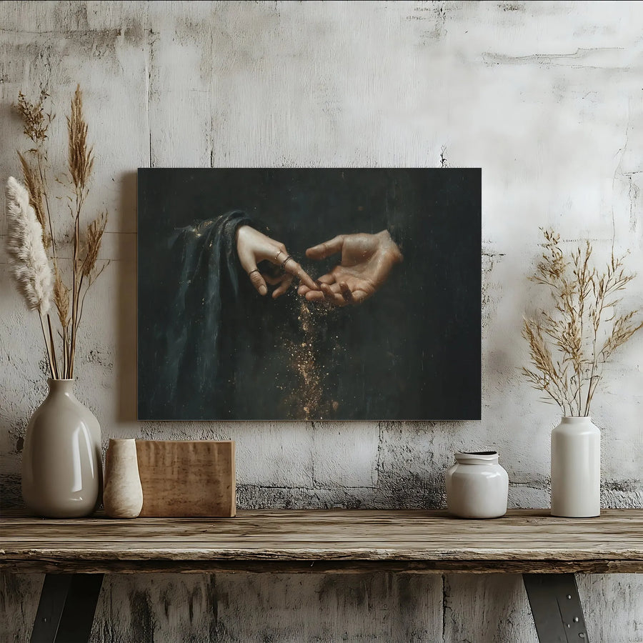 Hands Touching Gold Dust Canvas Art | Dark Academia Aesthetic Wall Decor | 1.25-Inch Gallery Wrap Print | Elegant Spiritual Home Gift