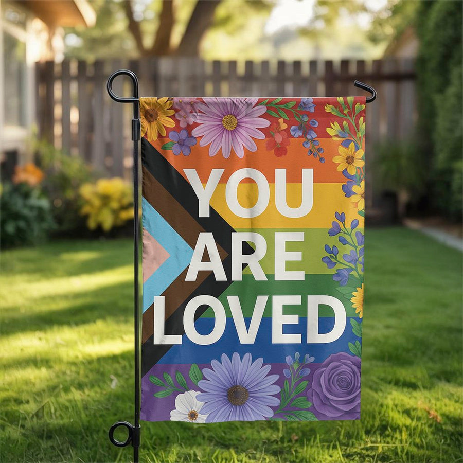Progress Pride Garden Flag | You Are Loved Floral Design | Premium Weather-Resistant Polyester | LGBTQ+ Outdoor Decor Yard Sign
