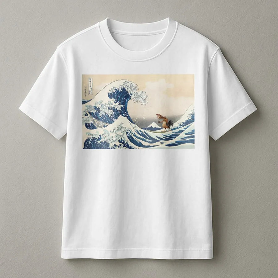 Japanese Great Wave Art T-Shirt | Funny Surfing Chicken Illustration | 100% Cotton Premium Tee | Unique Graphic Gift for Surfers