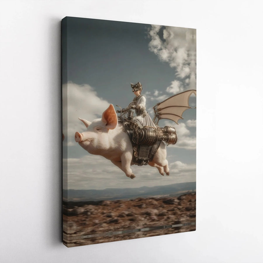 Steampunk Flying Pig Canvas | Whimsical Mechanical Animal Art | Premium Gallery Wrap Wall Decor | Unique Gift for Fantasy Fans