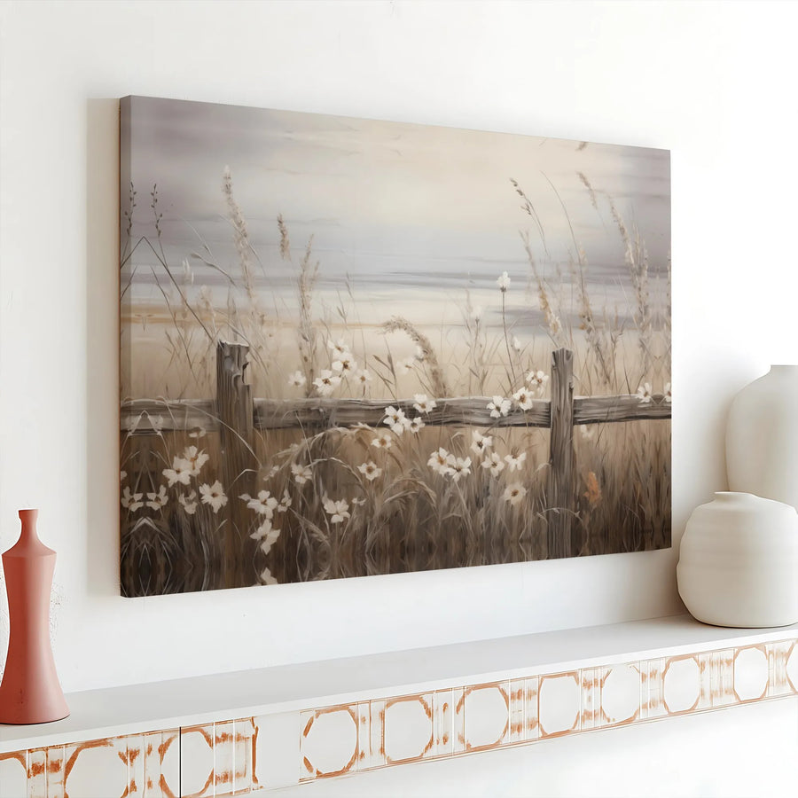 Rustic Wildflower Canvas Wall Art | Beach Grass and Wooden Fence Landscape | Premium Gallery Wrap Print | Modern Farmhouse Living Room Decor