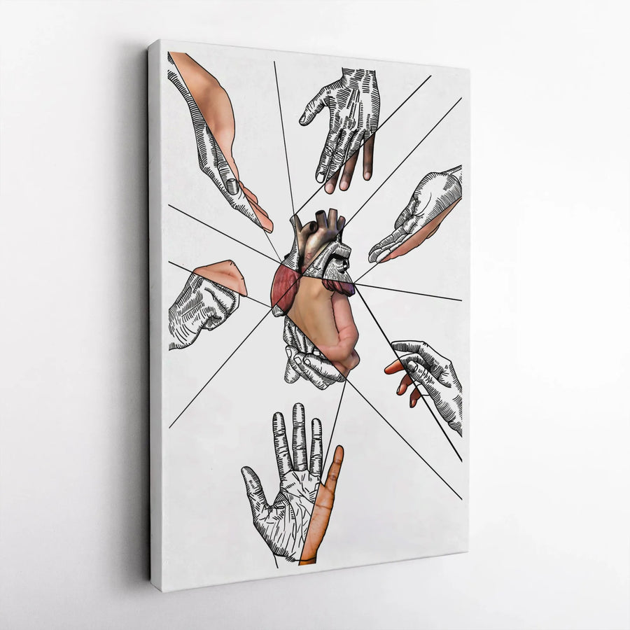 Anatomical Heart Wall Art | Surreal Reaching Hands Canvas Print | Premium 1.25-Inch Gallery Wrap | Modern Home Decor for Living Room