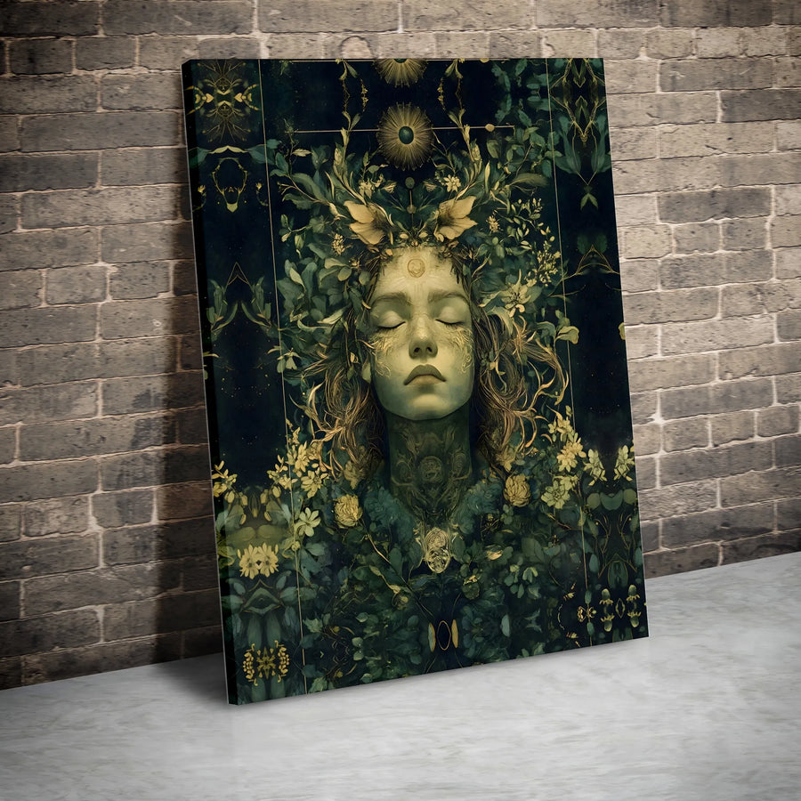 Forest Goddess Wall Art | Mystical Green and Gold Botanical Portrait | Premium Gallery Wrapped Canvas | Spiritual Nature Home Decor Gift