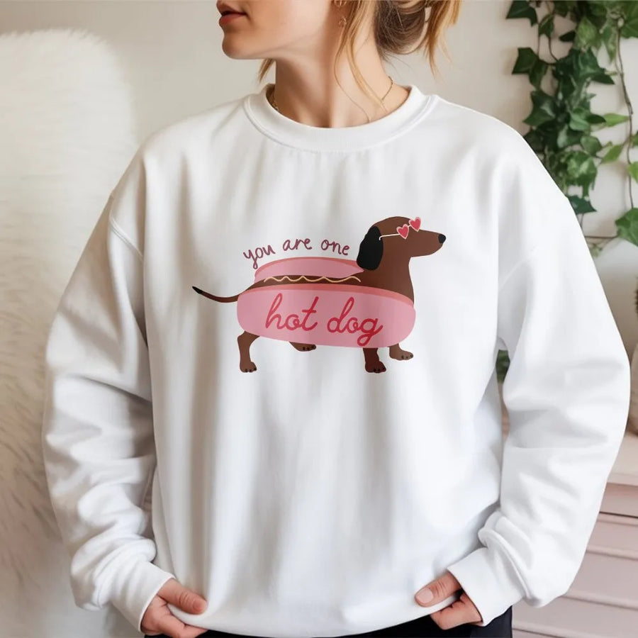 Funny Dachshund Sweatshirt | 'You Are One Hot Dog' Wiener Dog Pun | Cozy Cotton-Blend Sweatshirt | Cute Valentine's Day Gift for Dog Lovers