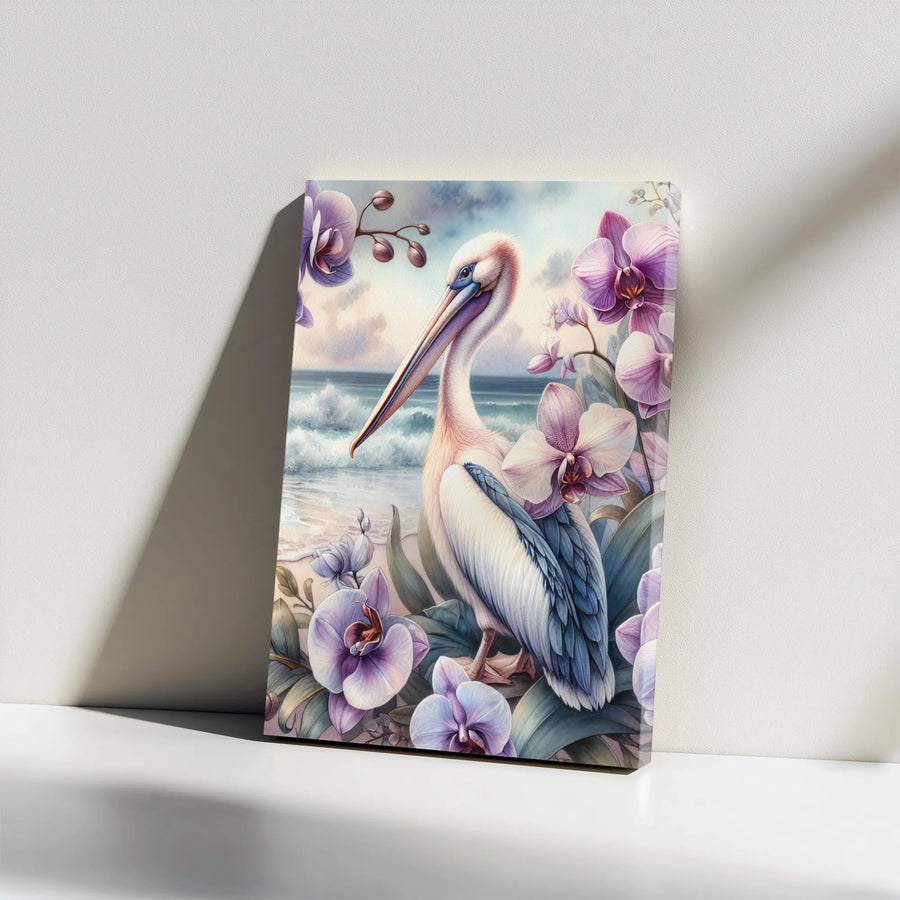 Pelican Wall Art | Watercolor Coastal Beach Scene with Purple Orchids | Premium Gallery Wrap Canvas | Tropical Bird Decor for Home or Office Gift