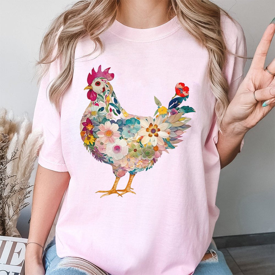 Floral Chicken T-Shirt | Artistic Botanical Hen Graphic | 100% Cotton Premium Tee | Cute Farm Life Gift For Women & Chicken Lovers