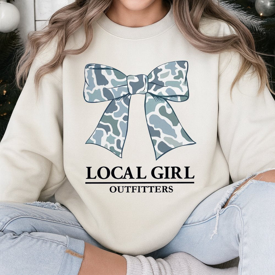 Local Girl Outfitters Sweatshirt | Camo Bow Graphic Print | Premium Cotton-Blend | Trendy Aesthetic Gift For Her
