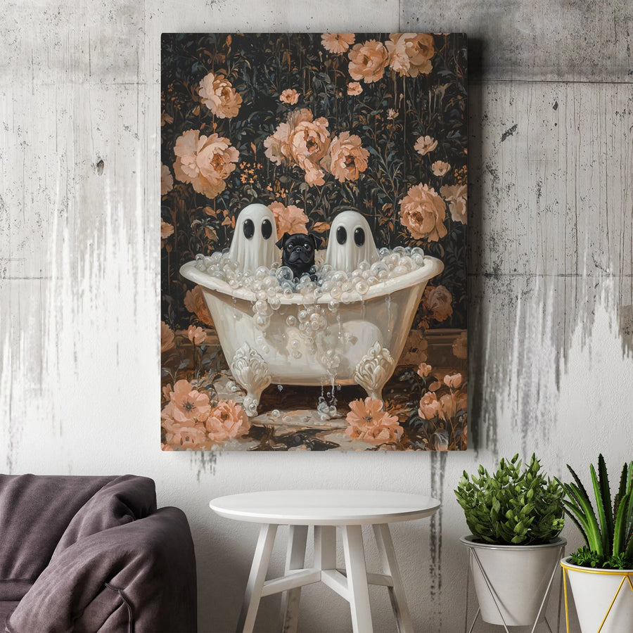 Black Pug Wall Art | Cute Ghosts in Clawfoot Tub Floral Canvas | Premium Fade-Resistant Print | Spooky Aesthetic Home Decor Gift