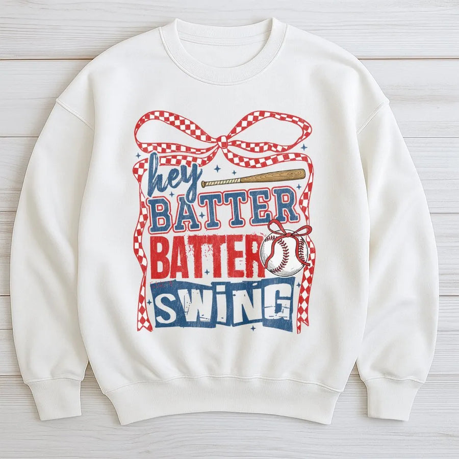 Hey Batter Batter Swing Sweatshirt | Retro Baseball Coquette Bow Graphic | Premium Cotton Blend Crewneck | Game Day Gift for Baseball Mom & Softball Fan