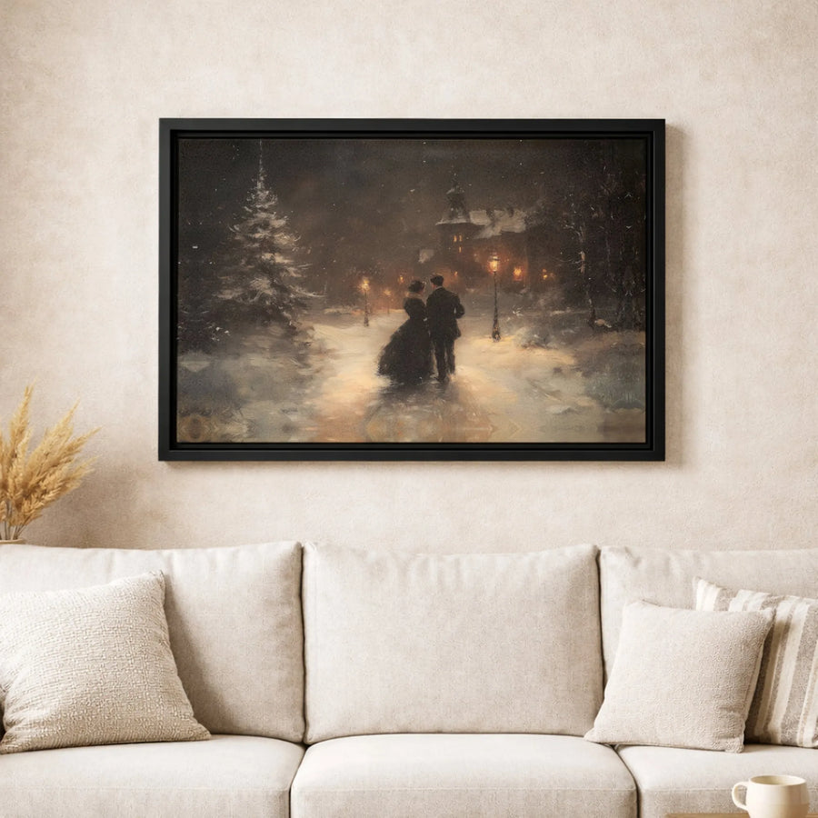 Victorian Winter Couple Canvas Print | Romantic Snowy Evening Oil Painting Style | Premium Gallery Wrap Wall Art | Cozy Christmas Home Decor Gift