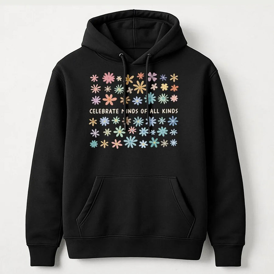 Celebrate Minds Of All Kinds Hoodie | Retro Floral Neurodiversity Graphic | Premium Cotton Blend | Gift For Teachers & Autism Awareness Advocates