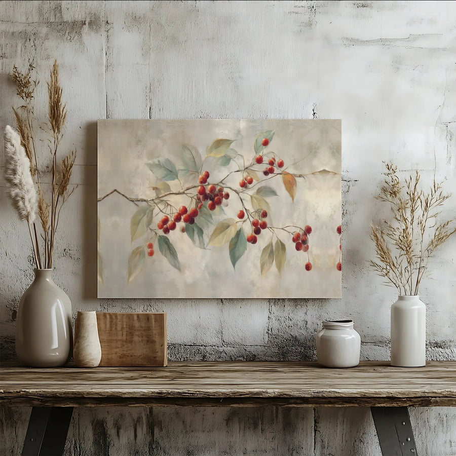 Cherry Branch Canvas Wall Art | Botanical Oil Painting Style Print | Premium Gallery Wrap 1.25" Depth | Elegant Kitchen Dining Home Decor Gift