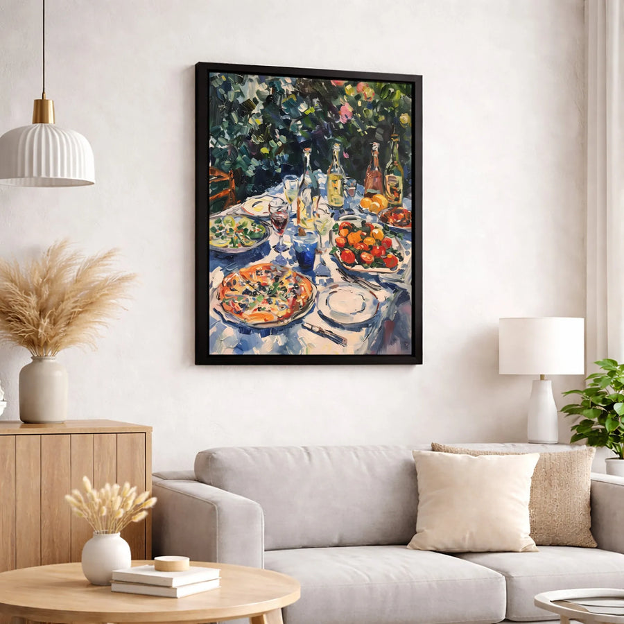 Impressionist Italian Garden Lunch Canvas Wall Art | Pizza and Wine Still Life | Premium Gallery-Wrapped Print | Kitchen & Dining Home Decor Gift