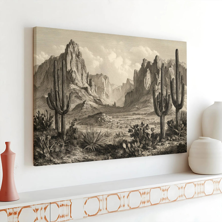 Vintage Arizona Desert Landscape Canvas | Saguaro Cactus Etching Art | Premium 1.25-Inch Gallery Wrap | Southwestern Home Decor Gift