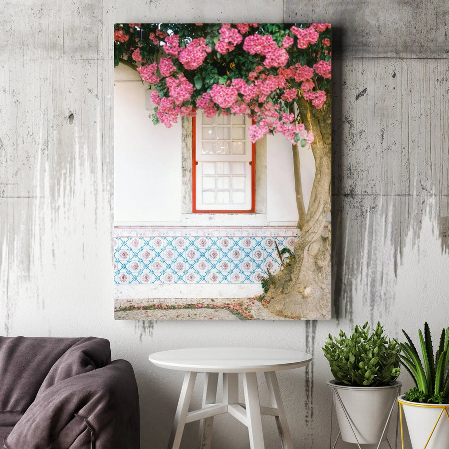 Lisbon Portugal Canvas Wall Art | Alfama District Pink Bougainvillea & Azulejo Tile Scene | Premium Fade-Resistant Print | European Home Decor Gift