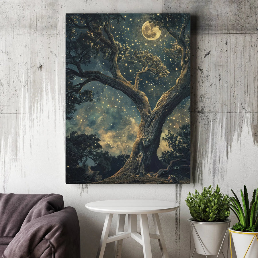 Enchanted Moonlit Tree Canvas Print | Starry Night Forest Wall Art | Premium Gallery-Wrapped 1.25" Profile | Magical Nature Home Decor Gift