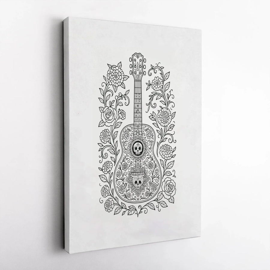 Sugar Skull Guitar Canvas Wall Art | Floral Dia De Los Muertos Illustration | Gallery Quality Premium Print | Gothic Music Decor For Home Office