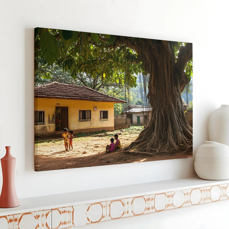 Rural Village Scene Canvas Wall Art | Children Under Banyan Tree Photography | Premium 1.25" Gallery Wrap | Cultural Home Decor Gift
