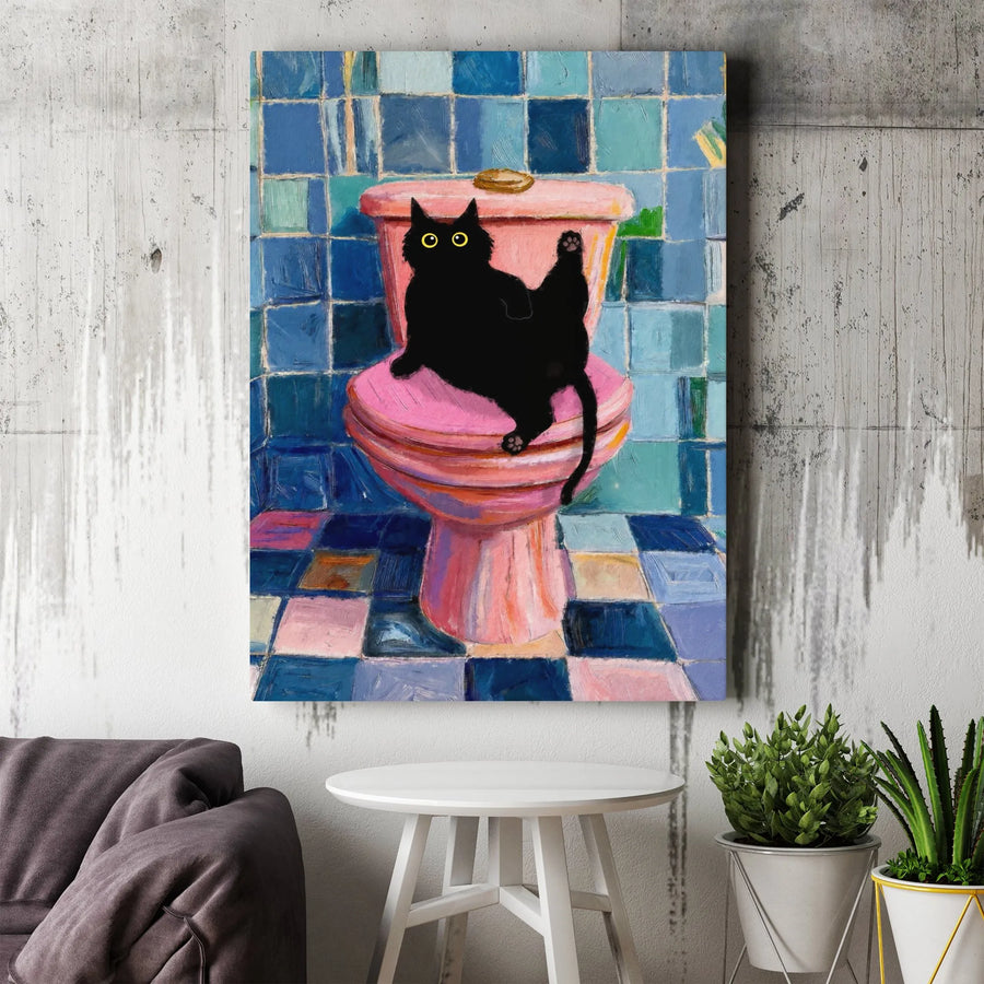 Funny Black Cat Canvas Wall Art | Cat on Toilet Painting Print | Premium Gallery Wrap | Unique Bathroom Decor Gift for Cat Lover
