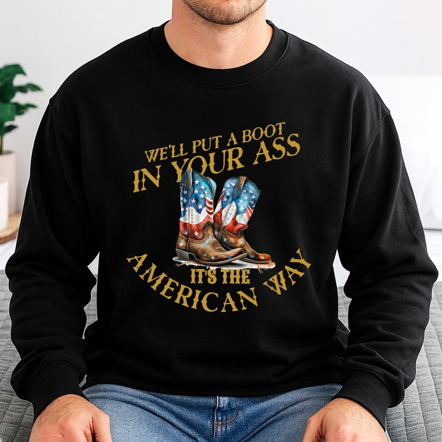 American Flag Cowboy Boot Sweatshirt | Country Music Patriotic Graphic | Unisex Cotton Blend Pullover | Proud USA Patriot Gift for Country Fans