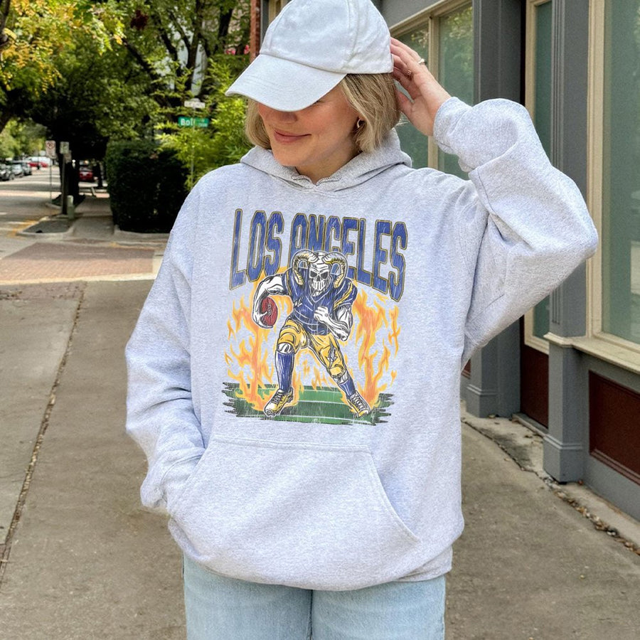 Los Angeles Rams Skeleton Football Player With Flames Hoodie