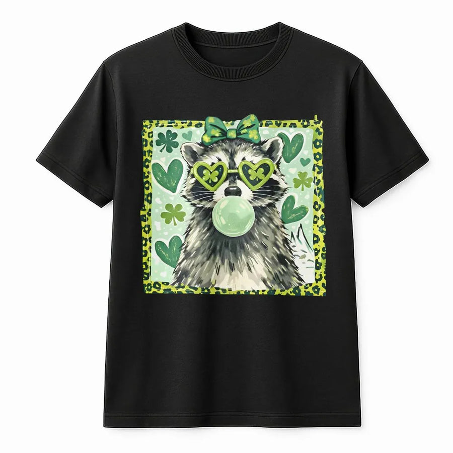 Lucky Raccoon T-Shirt | St. Patrick’s Day Shamrock Heart Sunglasses Design | Premium 100% Cotton | Cute Irish Gift for Men and Women