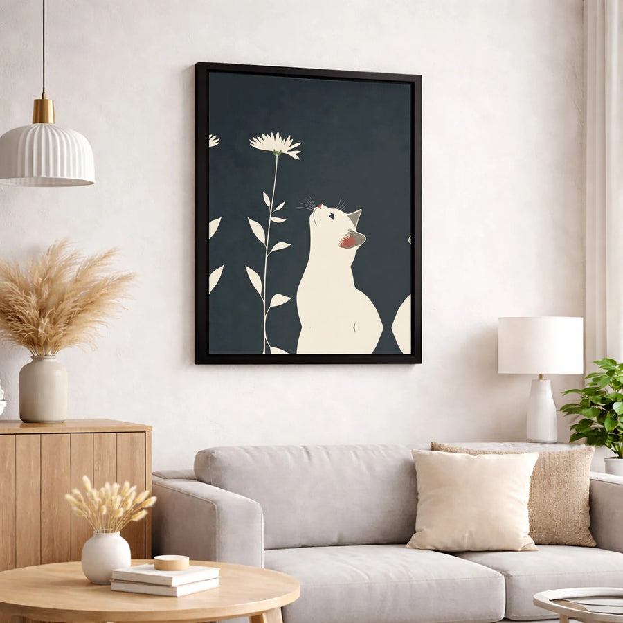 Minimalist White Cat Canvas Print | Modern Floral Daisy Wall Art | Premium 1.25-Inch Gallery Wrap | Aesthetic Home Decor Gift for Cat Lovers
