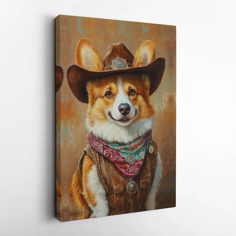 Cowboy Corgi Wall Art | Western Dog Portrait Canvas Print | Premium Gallery Wrap Decor | Unique Gift for Dog Lovers