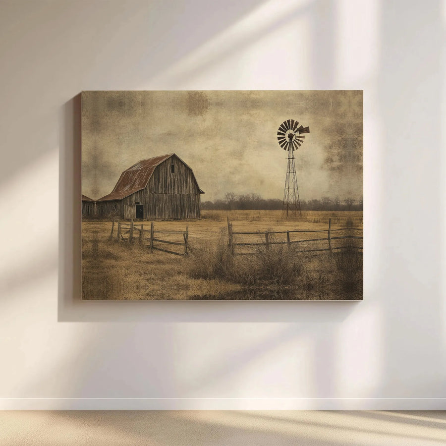 Rustic Farmhouse Canvas Print | Vintage Barn and Windmill Wall Art | Gallery Wrapped Premium Decor | Countryside Home Office Gift