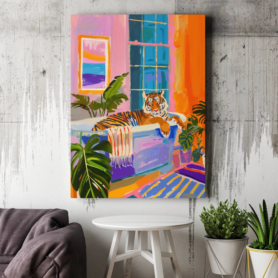 Tiger In Bathtub Wall Art | Tropical Jungle Bathroom Decor | 1.25" Gallery Wrapped Canvas | Vibrant Maximalist Home Gift